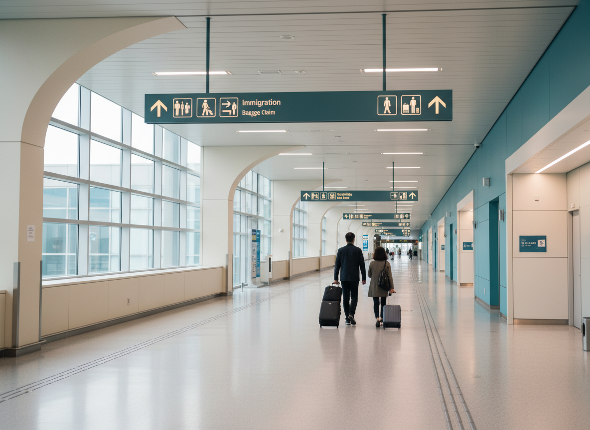 Travelers with luggage walking toward immigration and baggage-claim areas in a bright Korean airport terminal.