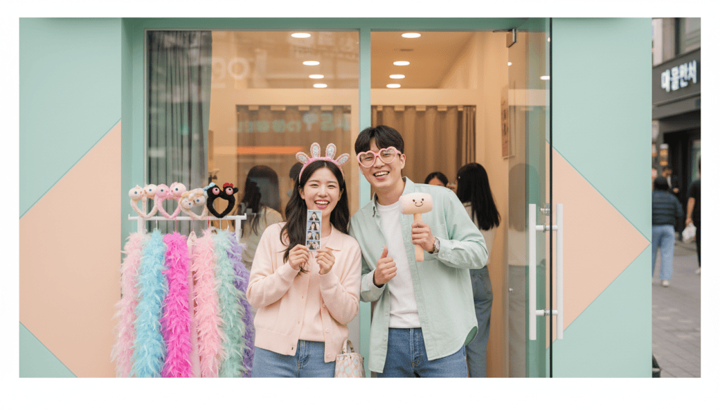 Two young adult visitors enjoying a four-cut self-photo booth in Seoul, holding printed photo strips.