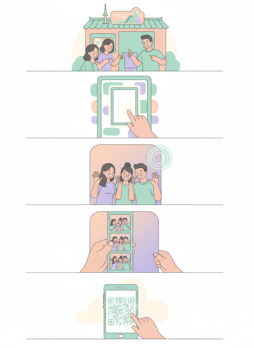 PHOTO BOOTH · FIVE VISUAL STEPS. CHOOSE · FRAME · POSE · PRINT · SAVE QR