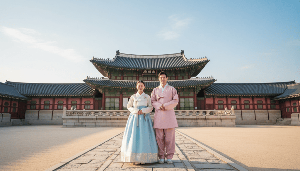 Visitors in complete traditional Korean hanbok walking through a Seoul royal palace courtyard.