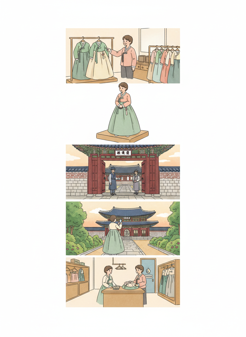 HANBOK · FIVE VISUAL CHECKS. SELECT · FIT · ENTER · RESPECT · RETURN