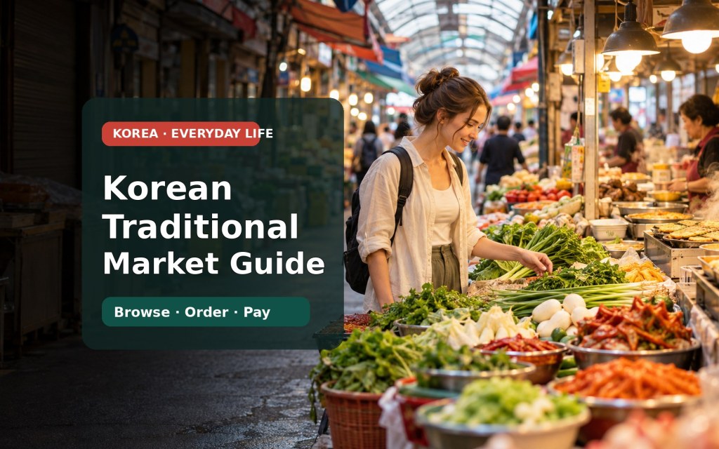 Illustrative header showing a visitor browsing produce at a Korean traditional market, with the words Korean Traditional Market Guide.