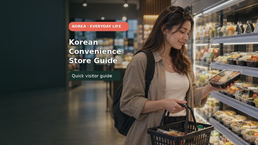 A visitor choosing a ready-to-eat meal in a Korean convenience store, with the title Korean Convenience Store Guide.