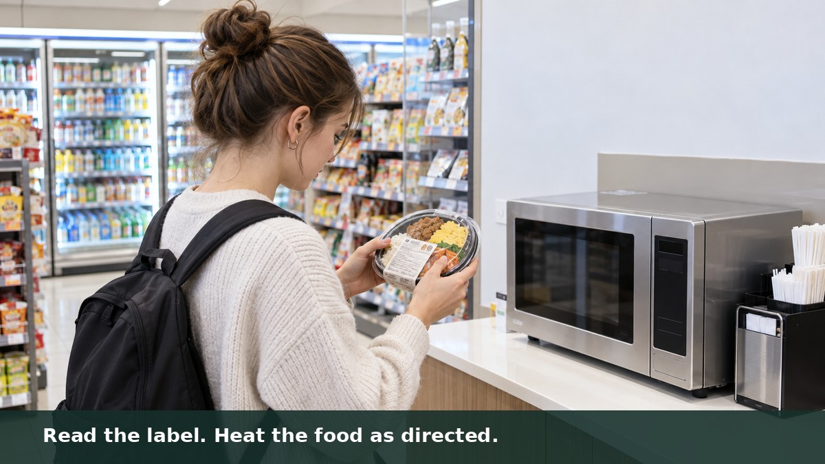 A visitor checks the heating label on a packaged meal beside a convenience-store microwave.