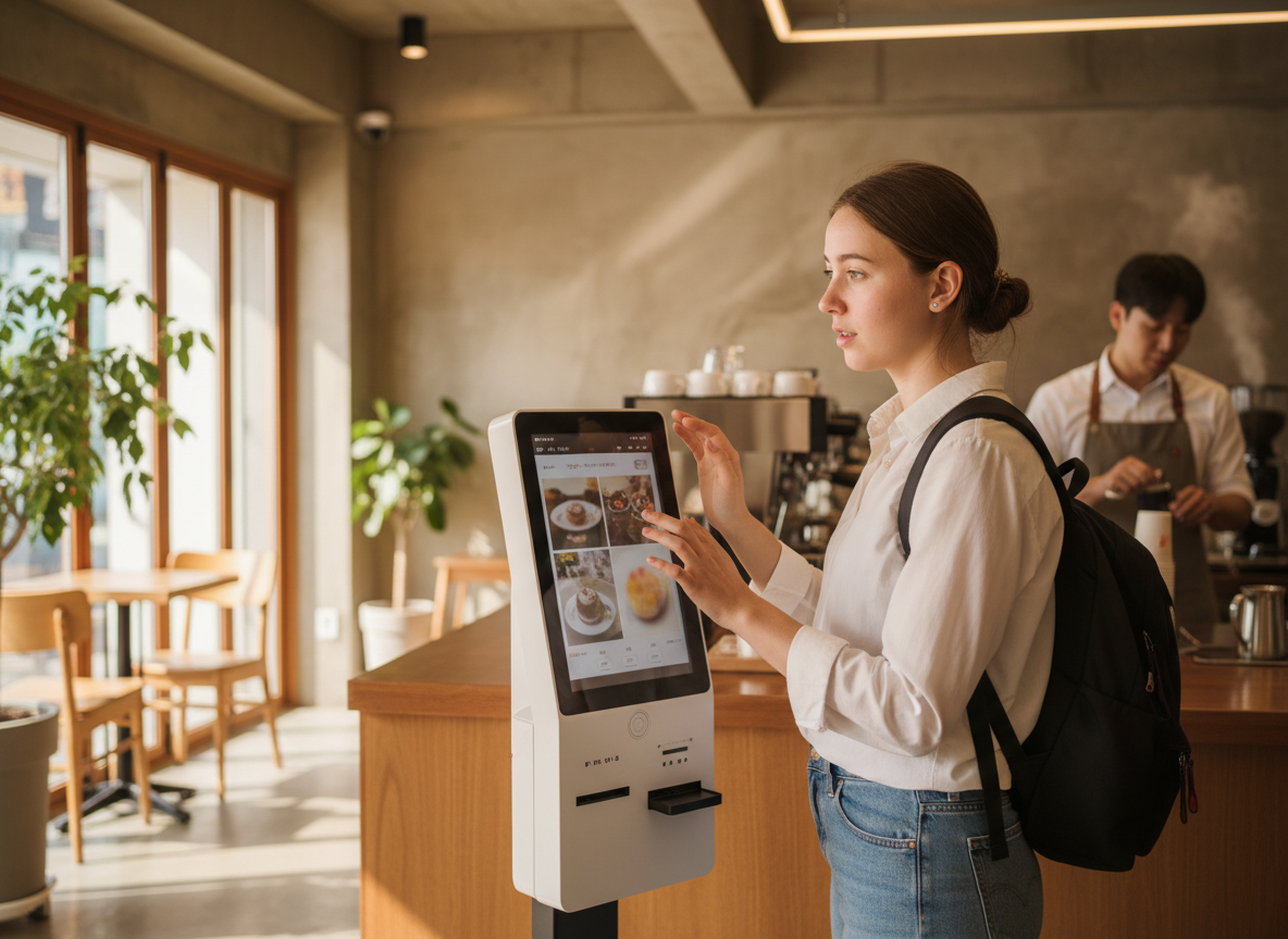 A visitor ordering at a Seoul cafe kiosk.
