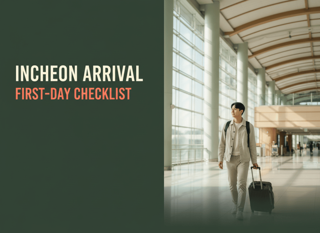Editorial cover image showing a traveler in the arrival terminal with the English headline INCHEON ARRIVAL and smaller FIRST-DAY CHECKLIST.