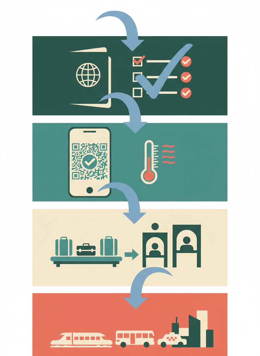 An illustrated four-part checklist showing entry documentation, health declaration, arrival formalities, and travel to the city.