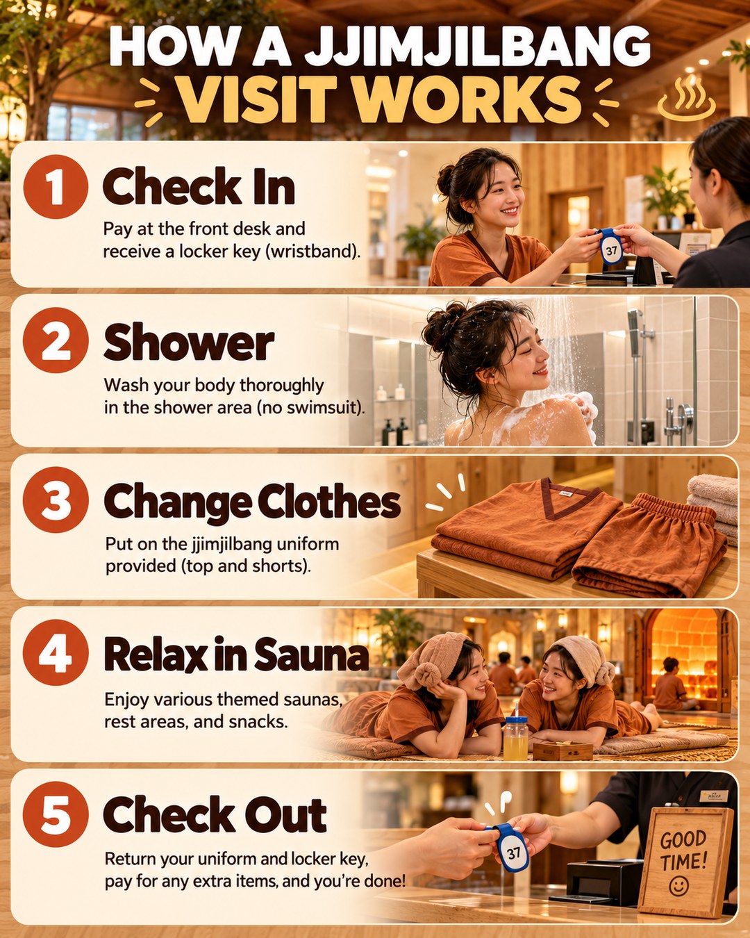 Five-stage illustrated jjimjilbang guide: check in, shower, change clothes, relax in sauna, check out.