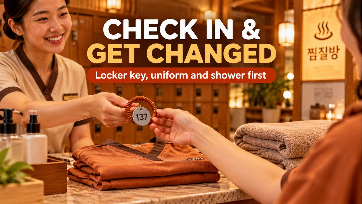 Check in and get changed: a wristband key is passed to a visitor beside folded sauna clothing and towels.