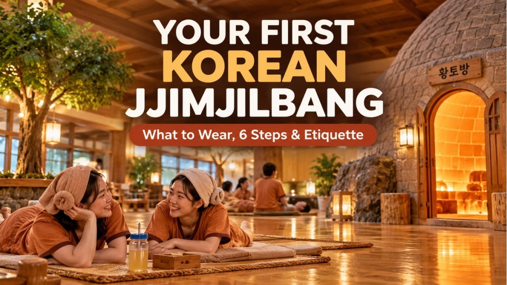 Your First Korean Jjimjilbang: What to Wear, 6 Steps & Etiquette — title on Korean sauna interior.