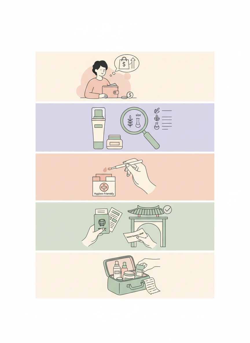 K-BEAUTY · FIVE SHOPPING CHECKS. LIST · LABEL · TEST · PAY · RECEIPT