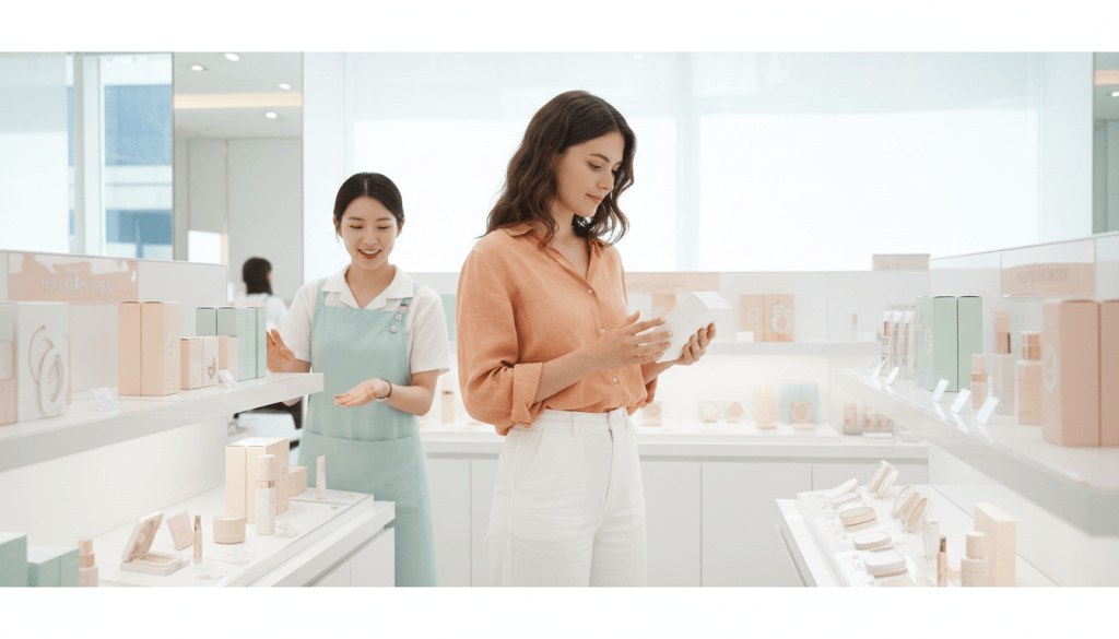 Young international visitor browsing skincare and cosmetic displays in a bright Korean beauty store.