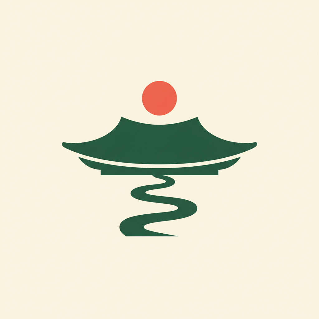 Stylized Korean hanok roof with a coral sun and a winding travel path.