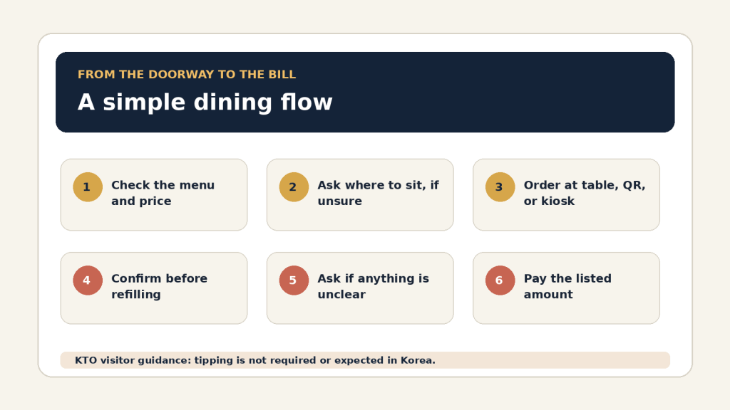 Six-step Korean restaurant flow: check menu and price, ask where to sit, order, confirm before refilling, ask questions, and pay the listed amount.