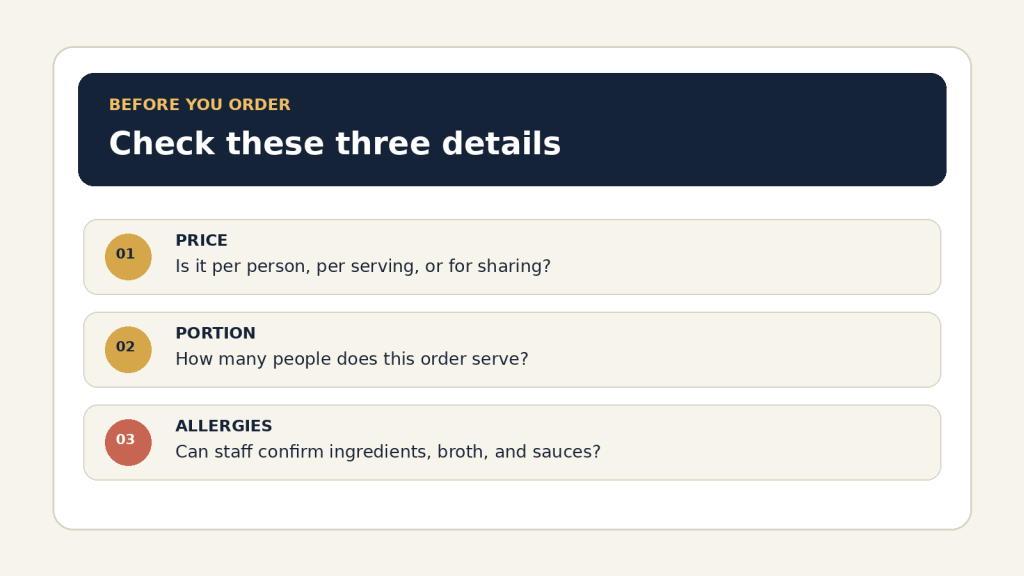Before ordering at a Korean restaurant, check what the price covers, how many people the portion serves, and whether staff can confirm an allergy ingredient.