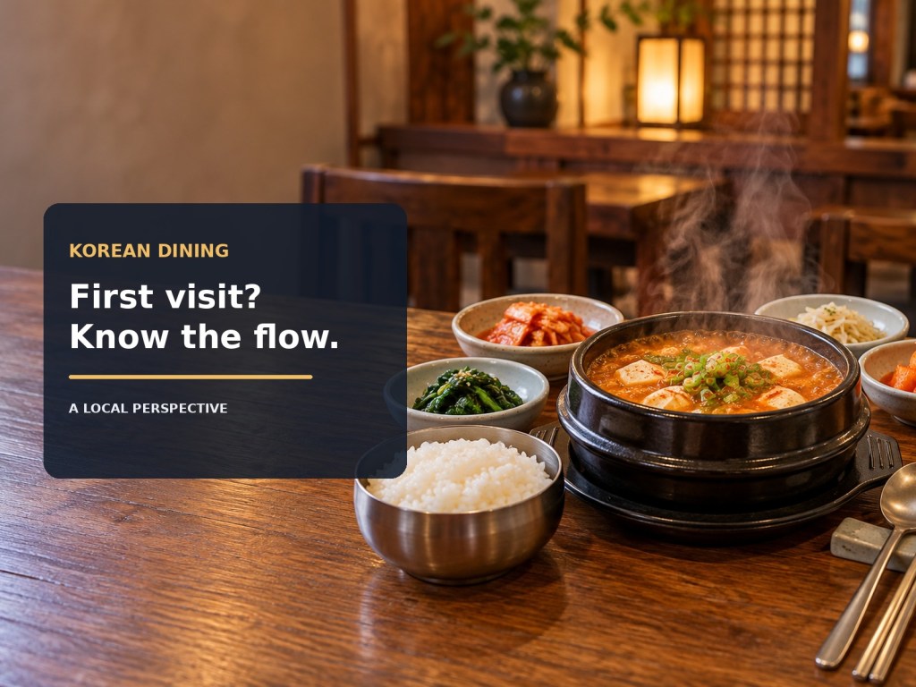 A Korean restaurant table with stew, rice, banchan, and chopsticks; overlay reads “First visit? Know the flow.”