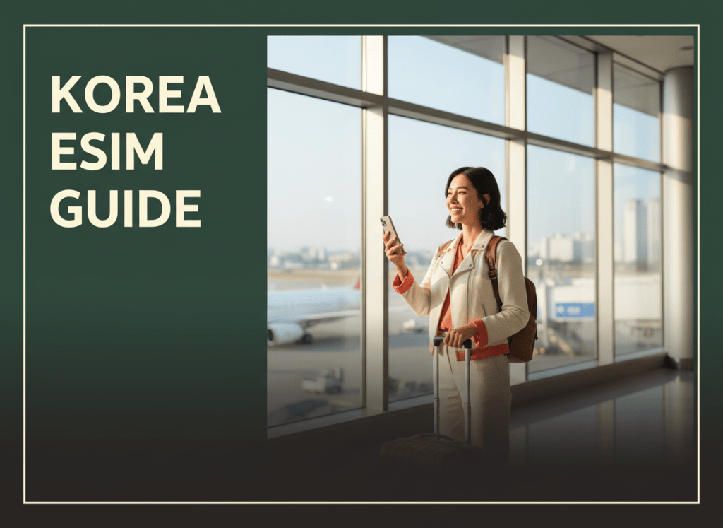 English travel guide header with the words KOREA eSIM GUIDE above a traveler using a phone at an airport arrival area.
