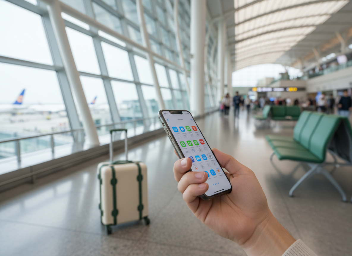 Traveler checking cellular plan settings on a smartphone near an airport information area before visiting Seoul.