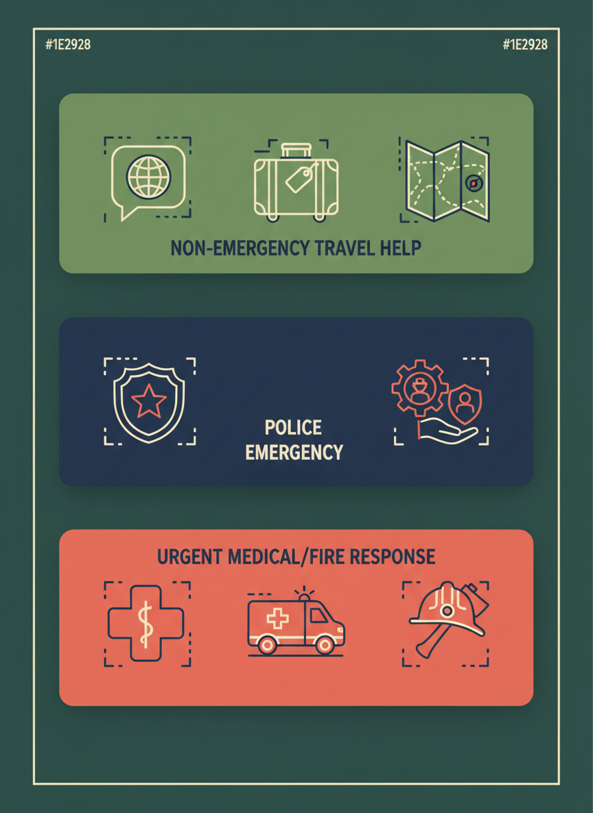 Simple three-panel illustrated decision guide distinguishing tourism information assistance, police and emergency rescue; consult the caption for the official phone numbers.