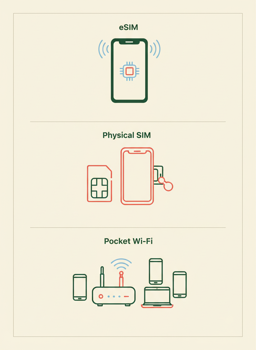 Three stacked illustrations depicting a digital eSIM, a physical SIM card, and a portable Wi-Fi hotspot for travelers.