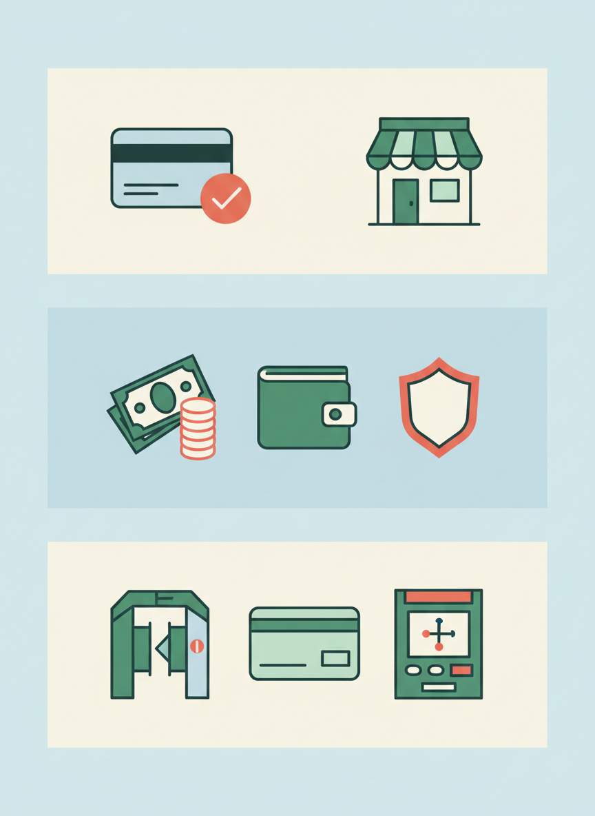 Three-part infographic showing a foreign bank card for purchases, won cash as backup, and a prepaid transit card or subway ticket for travel.