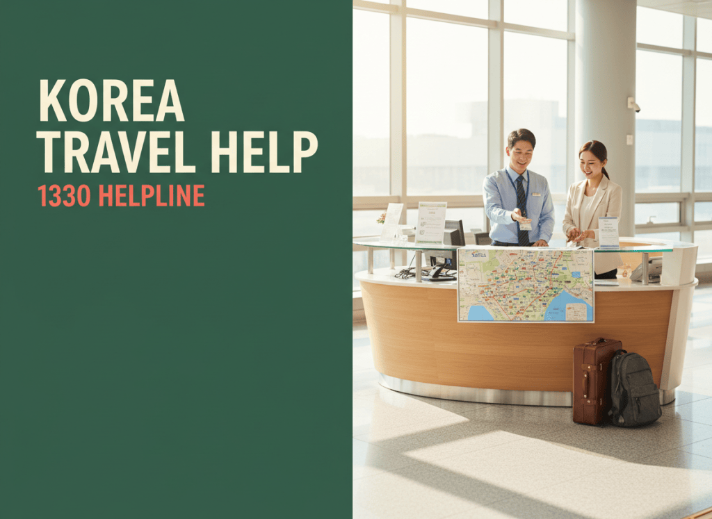 Editorial Korea travel help image featuring the English headlines KOREA TRAVEL HELP and 1330 HELPLINE, with a welcoming visitor information setting.