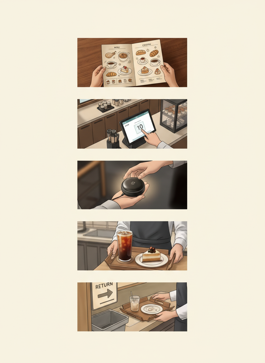 Visual guide illustrating five stages of a Korean cafe visit.