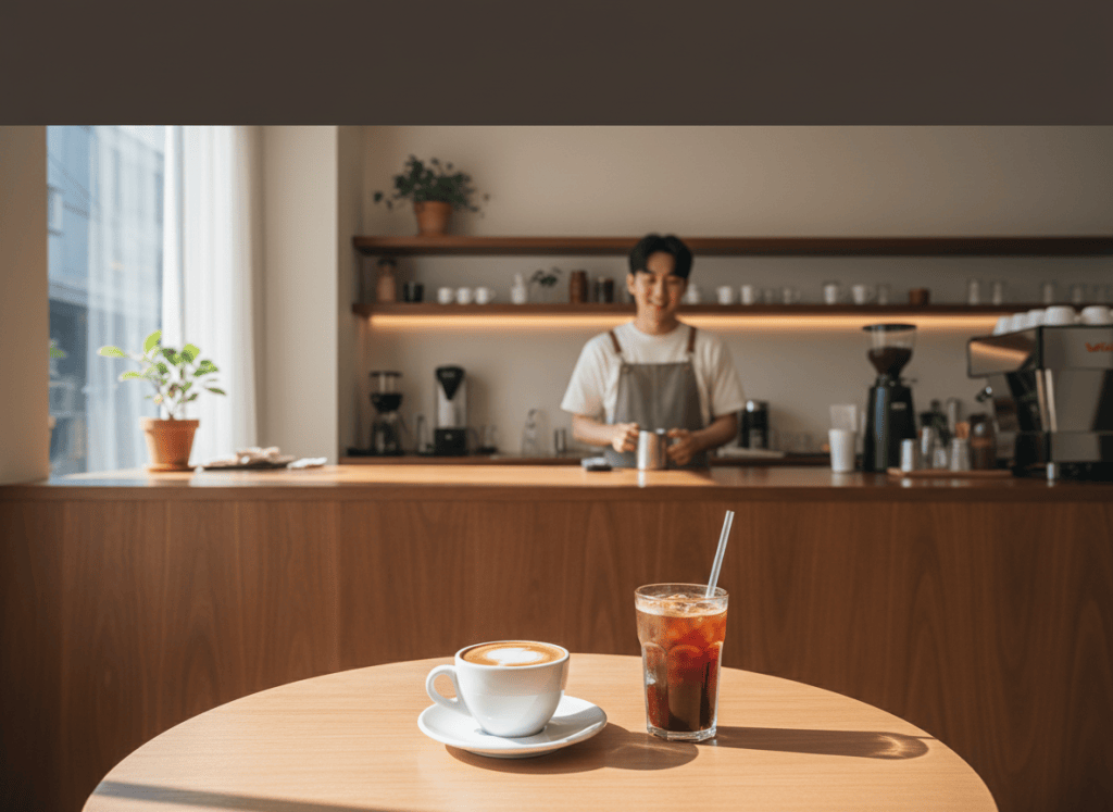 Inside a contemporary Seoul cafe, with a coffee on the counter and a barista in the background.