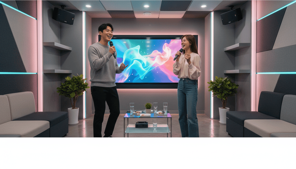 Two young adult friends singing together in a clean modern private Korean karaoke room.