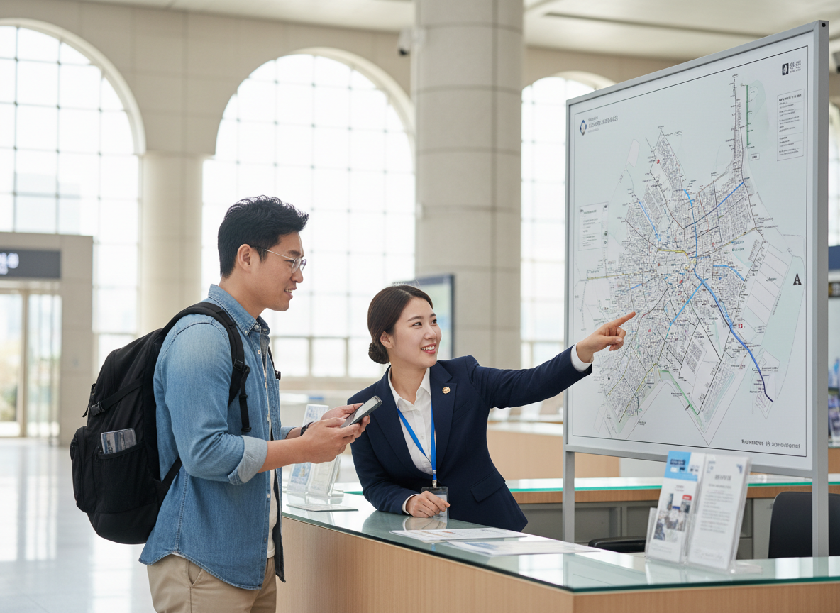 Visitor receiving travel directions from a staff member at a Korean information desk.