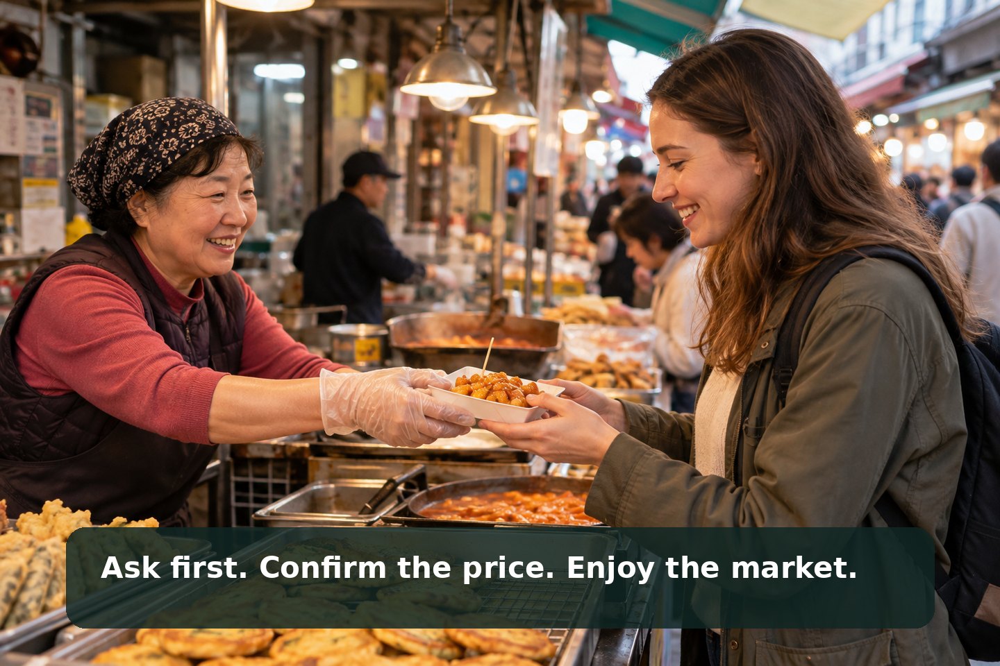 Illustrative scene of a market vendor handing a snack to a visitor at a Korean food stall; the image says Ask first. Confirm the price. Enjoy the market.