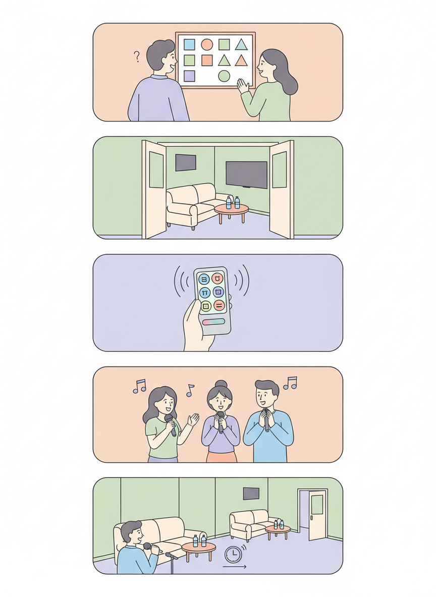 NORAEBANG · FIVE STEPS. CHECK PRICE · PAY · CHOOSE · SING · LEAVE