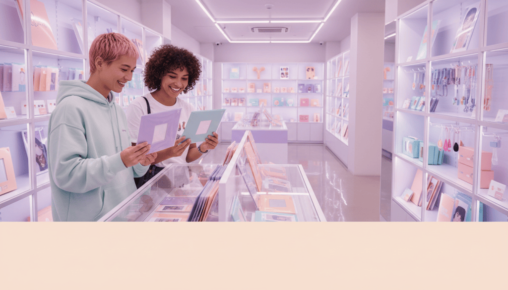 Young adult K-pop fans browsing albums and licensed merchandise in a modern Seoul pop-up display.