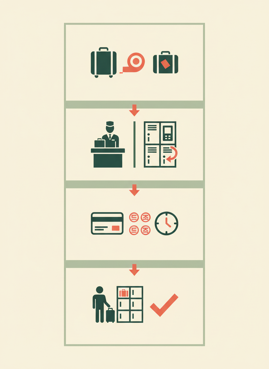 Four pictogram steps for choosing and using luggage storage in Seoul.