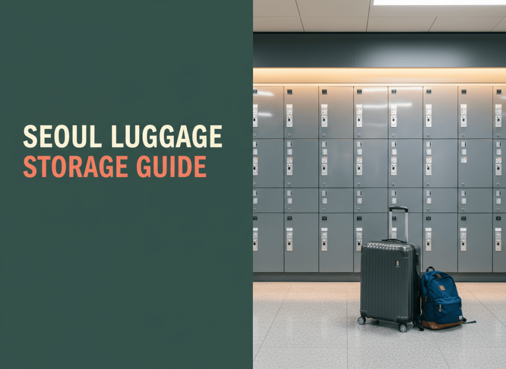 Magazine-style cover with SEOUL LUGGAGE and STORAGE GUIDE over a modern metro luggage-locker scene.