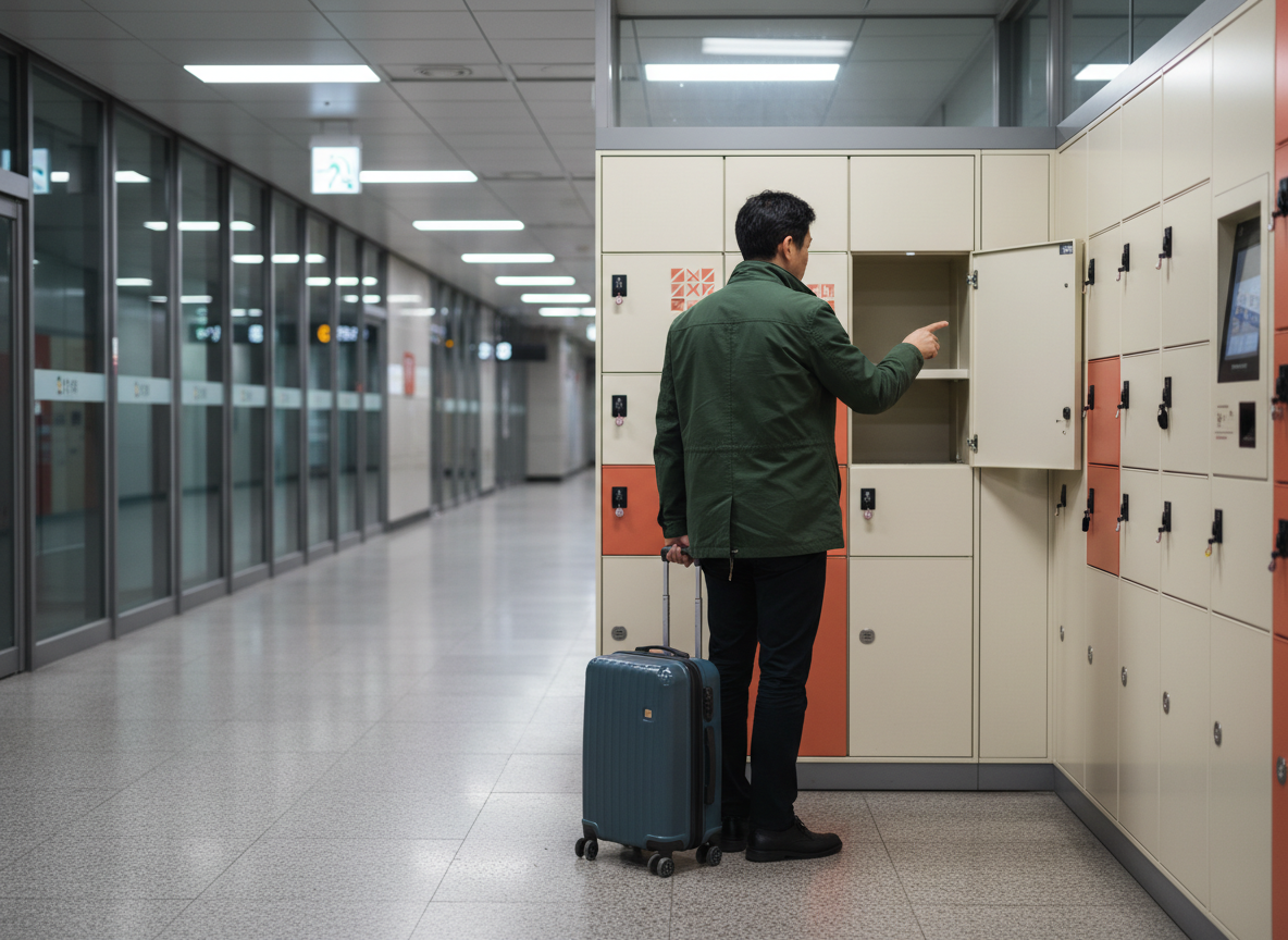 Traveler with suitcase assessing luggage-locker size at a Seoul subway station.