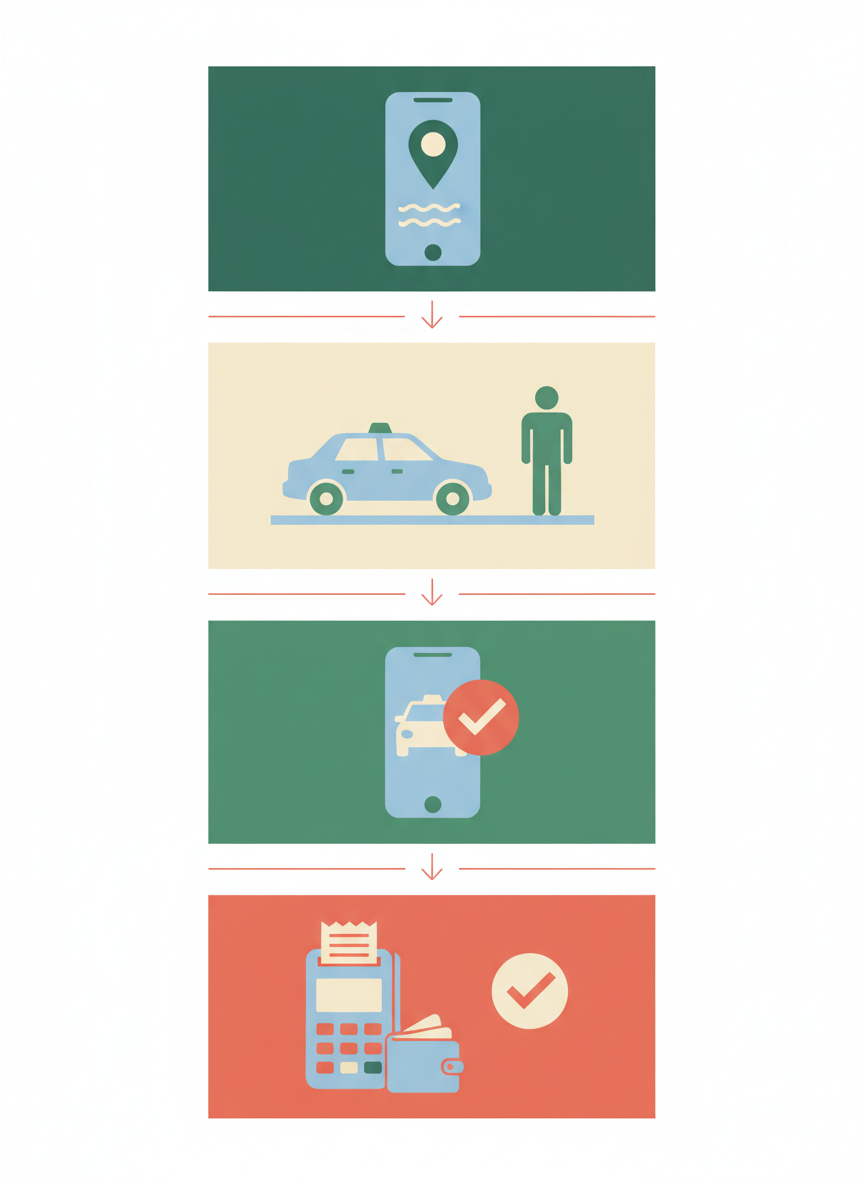 Four illustrated steps: save Korean address, identify available taxi, match app vehicle plate, pay and keep a receipt.