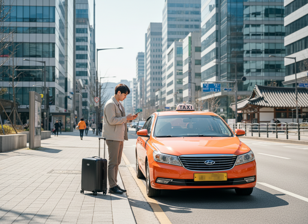 Visitor with a suitcase checking a taxicab before boarding near an official-looking Seoul curbside pickup area.
