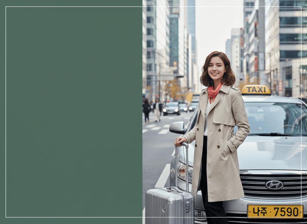 Traveler with luggage beside a licensed taxi in a sunny Seoul street, illustrating safe taxi travel and city pickups.